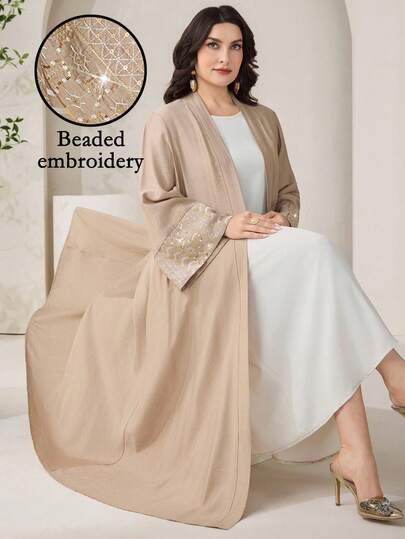 Al Najma Áo khoác cardigan dài tay thanh lịch màu trơn đính đá dành cho nữ cỡ lớn