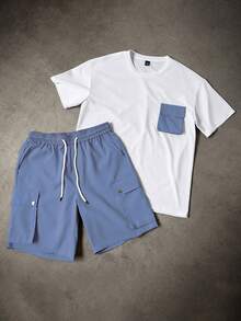 Manfinity Homme Men's Pocket Crew Neck Short Sleeve T-Shirt And Drawstring Waist Shorts Set Men Two Piece Short Set - Multicolor - View 5