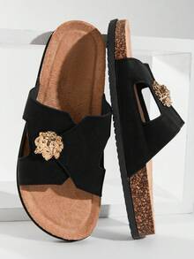 SHUZIA Dép lê nam cao cấp màu đen bằng da giả cao cấp, thiết kế hình sư tử bằng kim loại, đế mềm mại, kiểu dáng cá tính và thoải mái. - màu đen - Xem 1