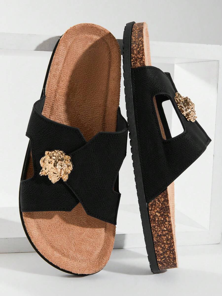 SHUZIA Dép lê nam cao cấp màu đen bằng da giả cao cấp, thiết kế hình sư tử bằng kim loại, đế mềm mại, kiểu dáng cá tính và thoải mái. - màu đen - Xem 1