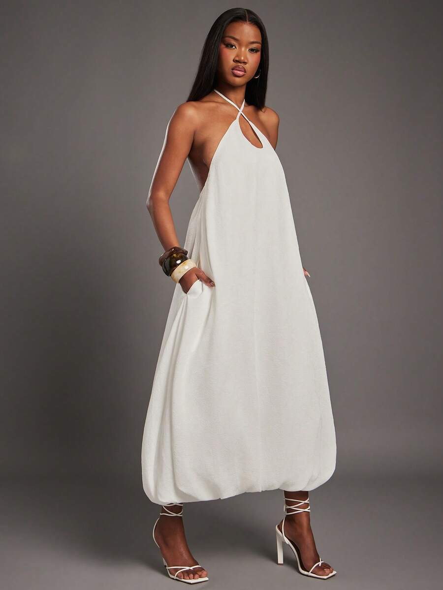 NYA SZN Dress Sleeveless Halter Neck Thin Strap Keyhole Loose Flowy White Bubbble Hem Cold Weather Warm Weather Easter Spring Summer Event Bridal Wedding Occasion Event Party Maxi Length Outfits For Women - White - View 1