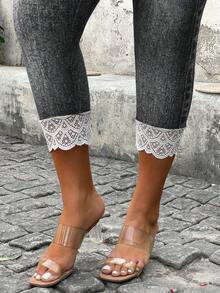 SHEIN Clasi Quần legging lửng dáng rộng, thời trang thường ngày, chất liệu denim, phối ren tương phản, co giãn. - màu đen - Xem 5