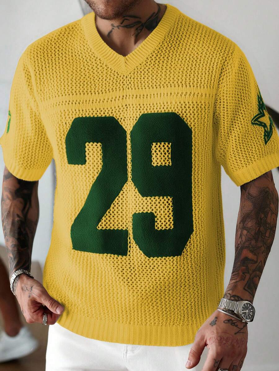 Manfinity Homme Men's Summer Vacation Numeric Flocked V-Neck Short Sleeve Knit Top Crochet Jersey Football Jersey Men Number Jersey Knit Jersey Jamaica Jersey - Yellow - View 1