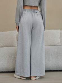 SHEIN 女士休闲纯色抽绳腰宽松阔腿家居裤 - 淺灰色 - 查看 2