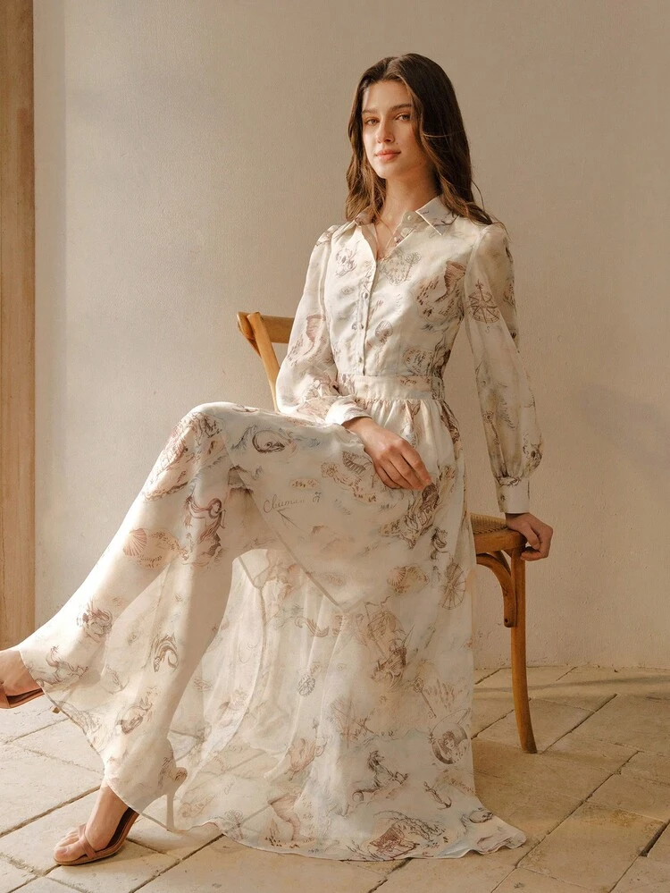 WOMEN'S ELEGANT ALLOVER PRINT LANTERN SLEEVE SHIRT DRESS