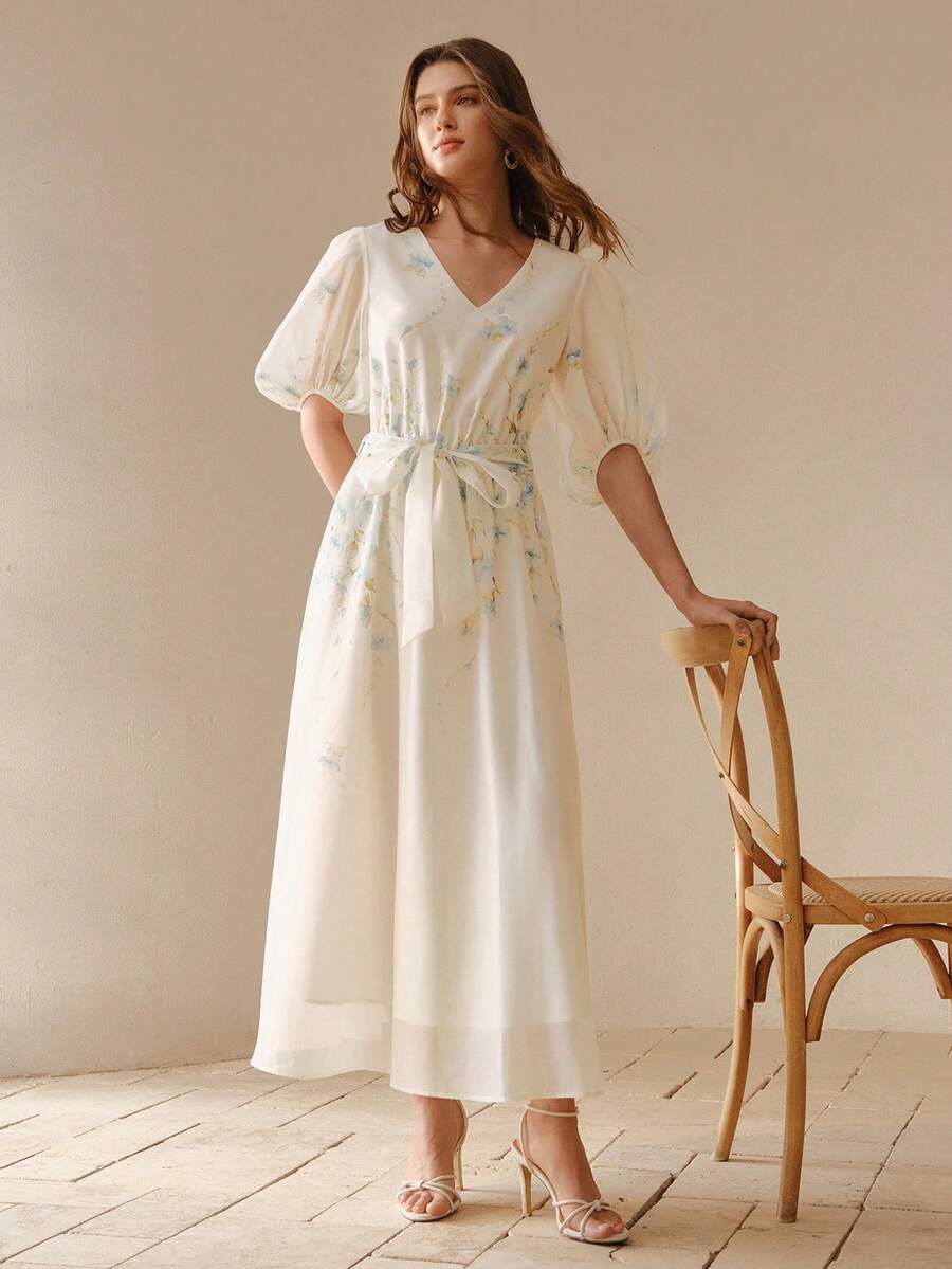 MOTF PREMIUM FLORAL PRINT PUFF SLEEVE DRESS - Apricot - View 2