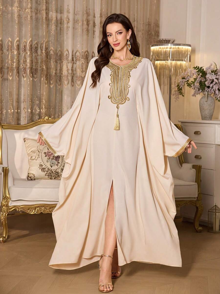 Elenzga 女士金色蕾丝边流苏长袖系腰连衣裙，适合通勤、派对穿着，时尚优雅 - 杏色 - 查看 1