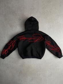 PAVTROS Áo hoodie nam màu trắng thêu chữ nghệ thuật, khóa kéo kim loại, áo nỉ có khóa kéo, áo hoodie nam phong cách đường phố, áo hoodie Y2K có khóa kéo, áo hoodie in hình đồ họa màu đỏ. - màu đen - Xem 2