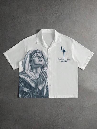 PAVTROS Men's Casual Letter & Portrait Graphic Front Button Short Sleeve Shirt, Summer