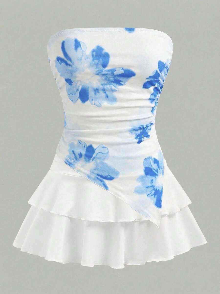SHEIN Conjunto de top de punto estampado elegante y de moda para niñas preadolescentes - Azul - Ver 1