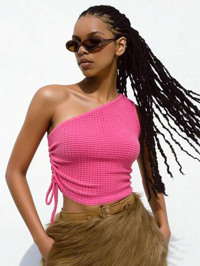 Slouenne Slouenne Blusa asimétrica de mujer con diseño calado, de tela jacquard con cordón único y hombro descubierto, sexy