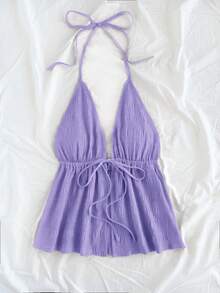 SHEIN PETITE CURVE 休闲V领系带露背纹理面料红色背心 - 紫色 - 查看 3