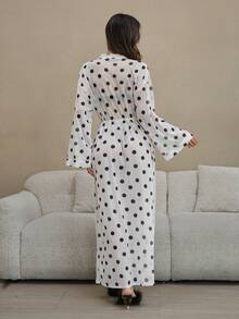 HautHeat Women's Polka Dot Print Drop Shoulder Long Sleeve Casual Robe - Black and White - View 3