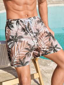 Horizaway Quần short nam in họa tiết thực vật toàn thân, túi xéo, eo dây rút, kiểu dáng thường ngày, thích hợp đi nghỉ mát hoặc đi biển. - Màu Khaki - Xem 2