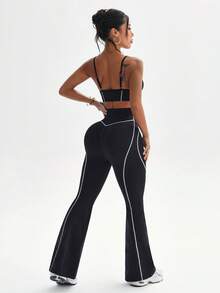 Slayform Bộ áo ngực và quần ống loe thể thao yoga co giãn cao cấp không đường may - màu đen - Xem 7