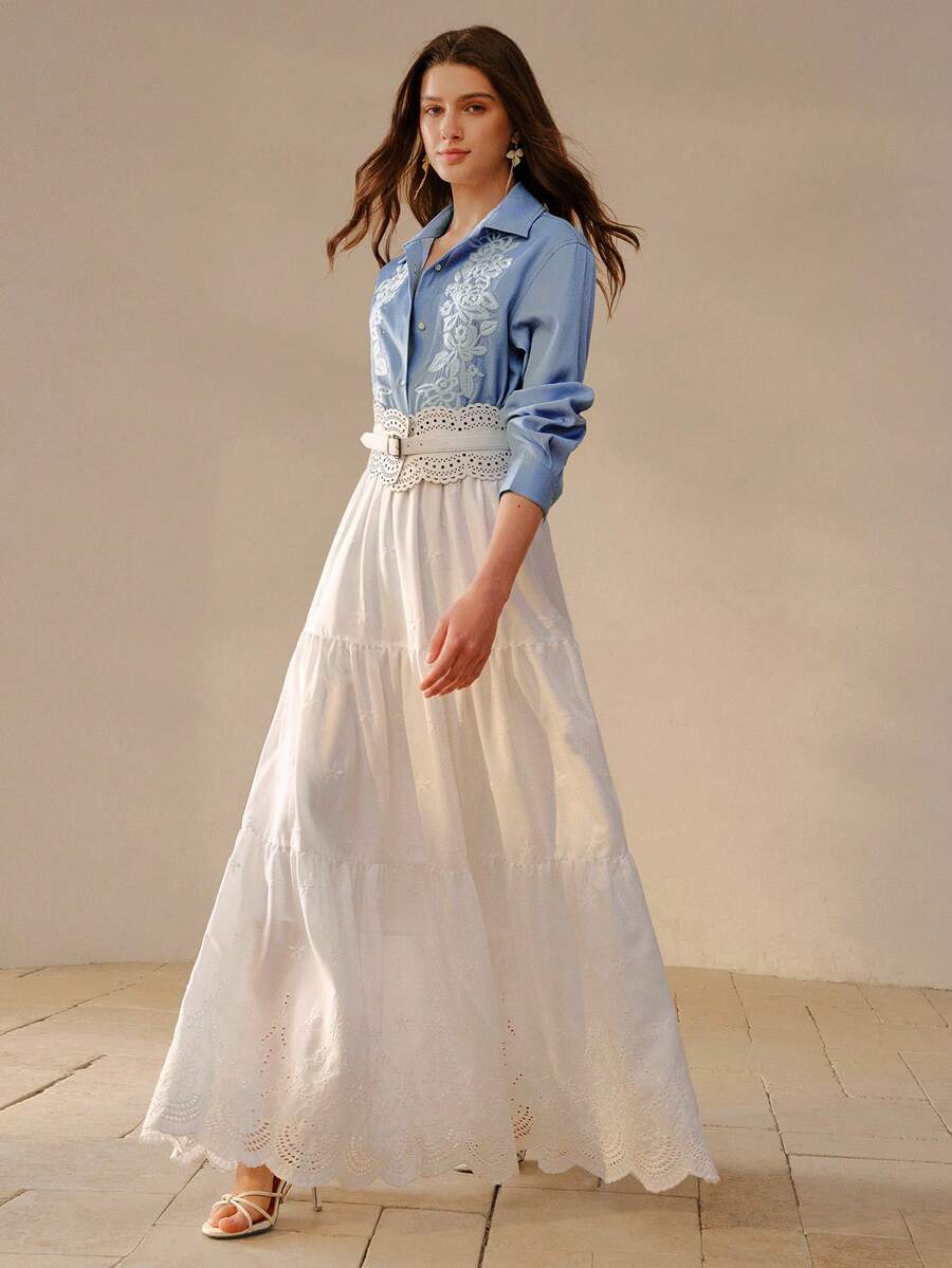 MOTF PREMIUM 女士蕾丝拼接刺绣多层荷叶边裙摆半身裙，浪漫时尚，春夏新品 - 白色 - 查看 1