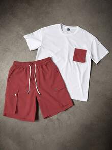 Manfinity Homme Men's Contrast Color Round Neck Drop Shoulder Short Sleeve Casual Loose T-Shirt Set Red And White Shorts Sets For Men Men Color Block Sets - Multicolor - View 5