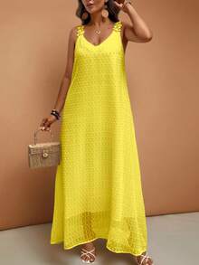Breezaya 大码女士度假蕾丝边纯色法式连衣裙 - 黃色 - 查看 3