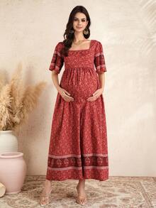 Momance Maternity Bohemian Print Ruffle Sleeve Casual Elegant Dress - Multicolor - View 3