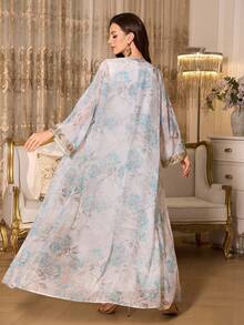 SHEIN Elenzya Set de 2 piezas de bata y vestido con estampado floral y ribete de encaje dorado para mujer - Multicolor - Ver 2