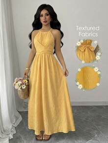 Elenzga Women's Solid Color Spaghetti Strap Cinched Waist A-Line Dress,Textured Fabric,Knee-Length,Yellow,Summer,Tropical,Garden Party,Vacation,Simple Design - Yellow - View 1
