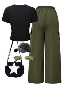 SHEIN ChillGRL Teen Girls Star Print Crew Neck T-Shirt And Olive Green Fashionable Cargo Pants Set - Army Green - View 3