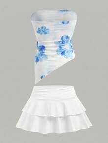 SHEIN 少女时尚优雅针织印花背心套装 - 藍色 - 查看 3