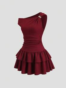 Sweetra Đầm nữ màu trơn xếp ly bất đối xứng nhiều lớp - Đỏ - Xem 3