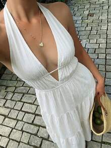 Sunnyshic Apricot Textured Pleated Deep V Halter Backless Cinched Waist Dress, Women Spring/Summer Vacation Boho Beach Wedding Elegant Sweet Minimalist Casual Versatile - Apricot - View 1