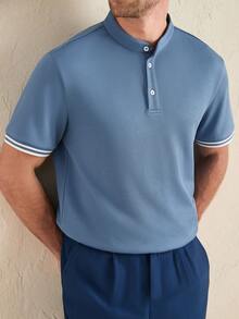 Core Aspect 男士条纹短袖休闲通勤 Polo 衫 - 霧霾藍 - 查看 3