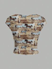 INAWLY 女士夏季时尚度假马匹印花甜心领露脐背心 - 彩色 - 查看 2