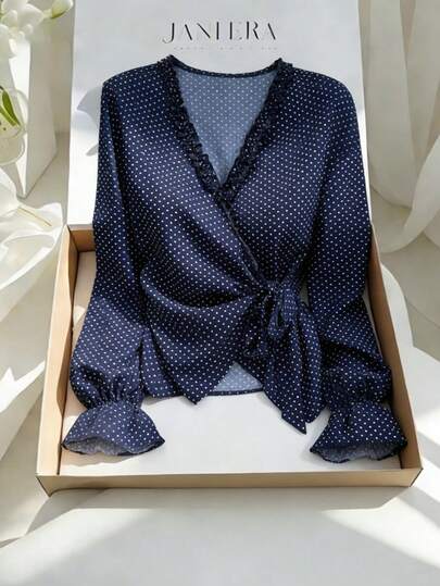 Pariaura Everyday Versatile Loose V-Neck Side Tie Commuter Long Sleeve Ruffle Trim Polka Dot Women's Shirt Top Spring And Summer Women's Clothing Summer Holiday Outfit Spring Outfit Women's Outfit Women's Valentine's Day Outfit Party Top Women's Outing Top Women's Vacation Outfit Women's Elegant Outfit Women's Casual Top Women's Millennial Style Top Polka Dot Top Women's Holiday Outfit Beach Outfit Wrap Tops For Women Elegant Blouse For Women Tie Front Blouse Navy Blue Polka Dot Blouse