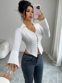 Modelyn White Long Sleeve V-Neck Mushroom Button Decor Sexy Fitted Blouse - White - View 8