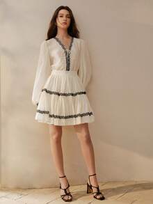 MOTF PREMIUM APRICOT RUCHED CONTRAST BLACK LACE A-LINE SKIRT, ELEGANT & VERSATILE WOMEN'S SHORT SKIRT, SUITABLE FOR SPRING/SUMMER - Apricot - View 1