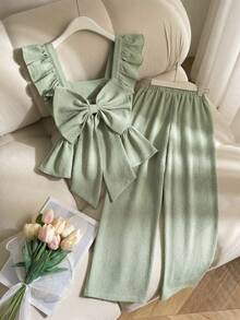 SHEIN 少女薄荷绿纹理面料蝴蝶结后背荷叶边衬衫和裤子两件套 - 薄荷綠 - 查看 2