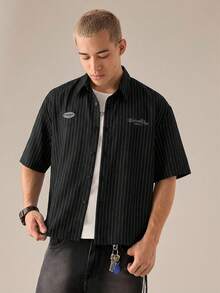 SWAVVY 男士休闲宽松条纹短袖梭织衬衫，日常穿着 - 黑色 - 查看 2