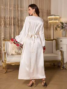 Elenzga 女士情人节3D玫瑰提花连衣裙，适合派对和通勤 - 杏色 - 查看 2