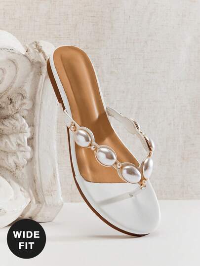 SHUZIA Sandalias planas cómodas y de moda con decoración de gemas para mujer de ajuste ancho - Estilo punk chic, con borde y