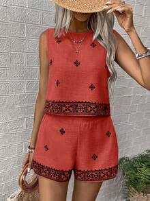 SHEIN LUNE Women's Summer Vacation Graphic Print Tank Top And Shorts 2 Pieces Set - Red - View 3