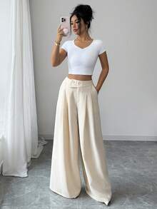 Elenzga Women's Casual Elegant Pleated Design Ankle Length Trousers With Pockets, Suitable For Summer Outings, Dates, New Year, Valentine's Day, Easter, Mother's Day, Music Festivals, Middle Eastern Weddings, Commuting, Romantic Vacations - Apricot - View 5