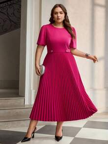 ZEYLAH 大码女式纯色圆领褶皱下摆泡泡袖优雅连衣裙 - 玫紅色 - 查看 7