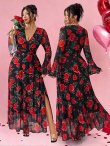 Elenzga Đầm Valentine cỡ lớn dành cho nữ, thanh lịch, cổ chữ V, hai lớp, tay bồng, xẻ cao, họa tiết hoa hồng, thích hợp cho buổi hẹn hò lãng mạn ngày Valentine. - Nhiều màu - Xem 4