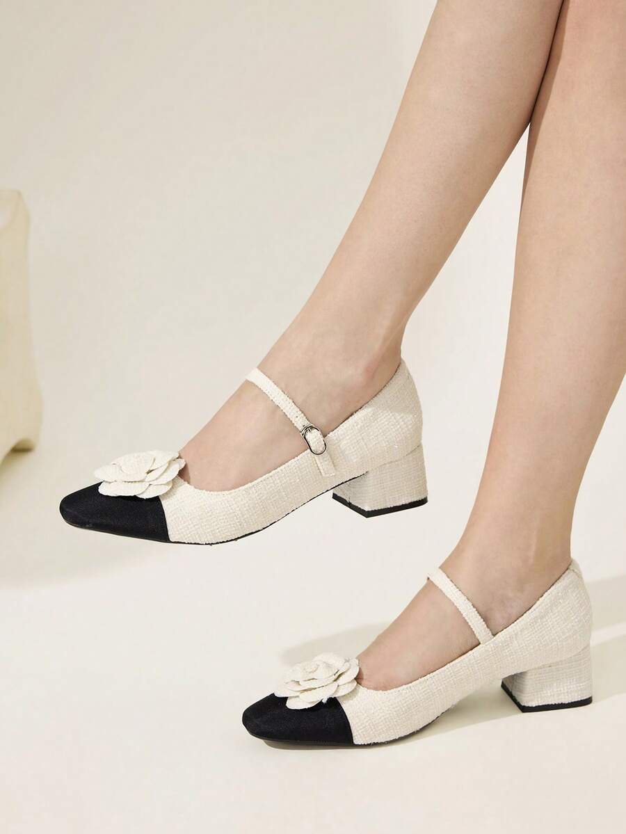 CUCCOO CHICEST 女士优雅高跟鞋,撞色花卉装饰,搭扣设计 - 米色 - 查看 1