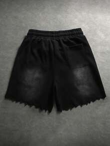 ROMWE MEN Pantalones cortos con dobladillo desgastado y adornos de rhinestones para hombres - Negro - Ver 3