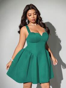 Viva Relle Plus Size Women Heart Shaped Strap Solid Color Elegant Dress - Teal Blue - View 6