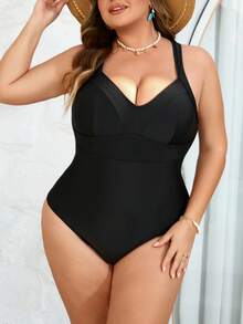 SHEIN CURVE+ 大码女士黑色交叉露背带连体泳衣，适合海滩穿着 - 彩色 - 查看 1