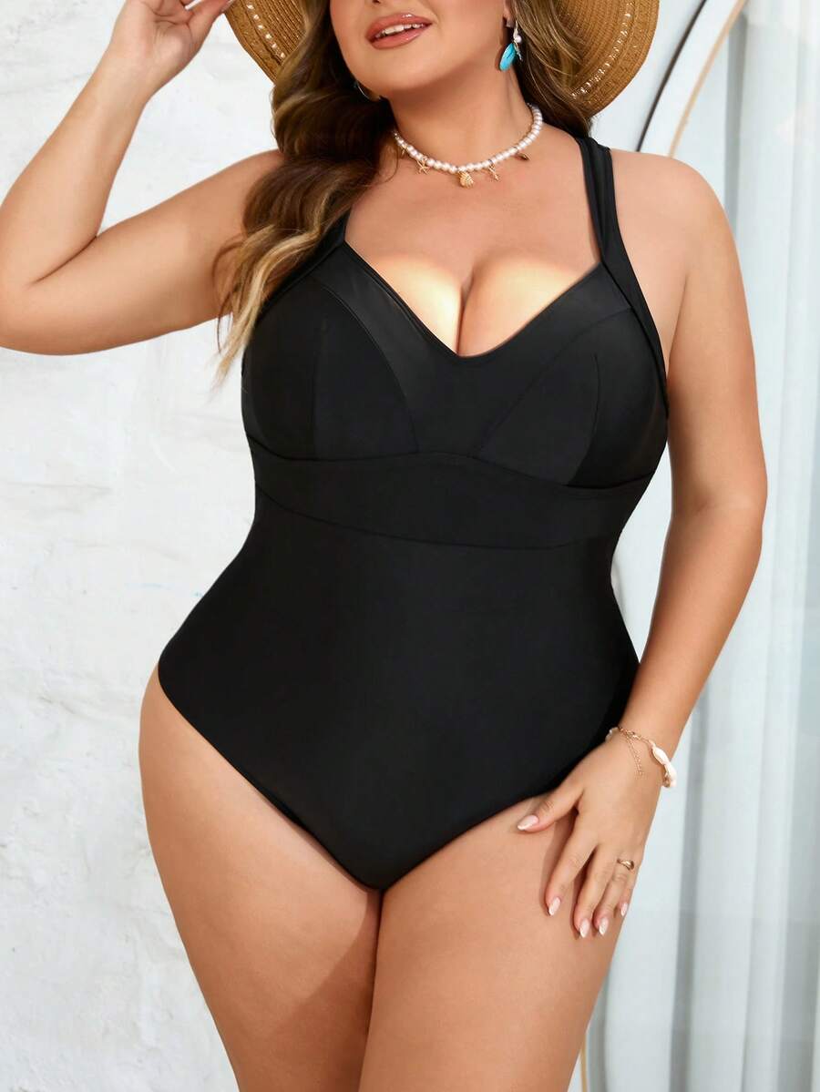 SHEIN CURVE+ 大码女士黑色交叉露背带连体泳衣，适合海滩穿着 - 彩色 - 查看 1