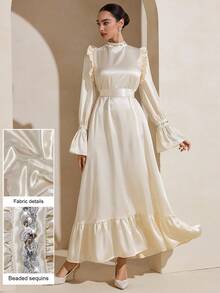 Graceveil Đầm dự tiệc thanh lịch, tay phồng, đính sequin, thắt eo, phối nhiều mảnh, bóng bẩy, kiểu dáng rộng rãi. - Màu be - Xem 12