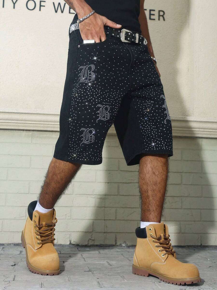 Manfinity EMRG Men's American Street Hip Hop Gothic Style Rhinestone Embellished Washed Black Denim Shorts, Suitable For Party And Casual Wear - Black - View 1