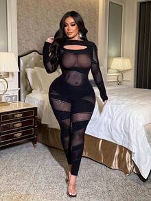 Maweii Mono negro transparente y sexy para mujer de talla grande - Negro - Ver 5
